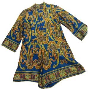 Fashion First Vintage Blue & Gold Paisley Cotton Romper Mid-Century GUC